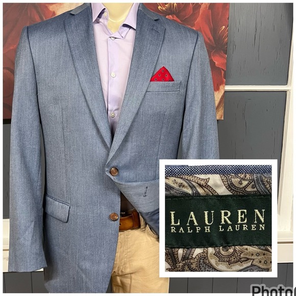 Lauren Ralph Lauren Blazer Jacket Sport Coat Mens 42L Long Polyester Rayon Blue